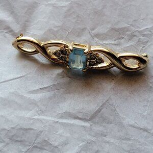 Vintage Gold Bar Clip Brooch with Emerald Cut Topaz Stone and Crystal Rhinestone